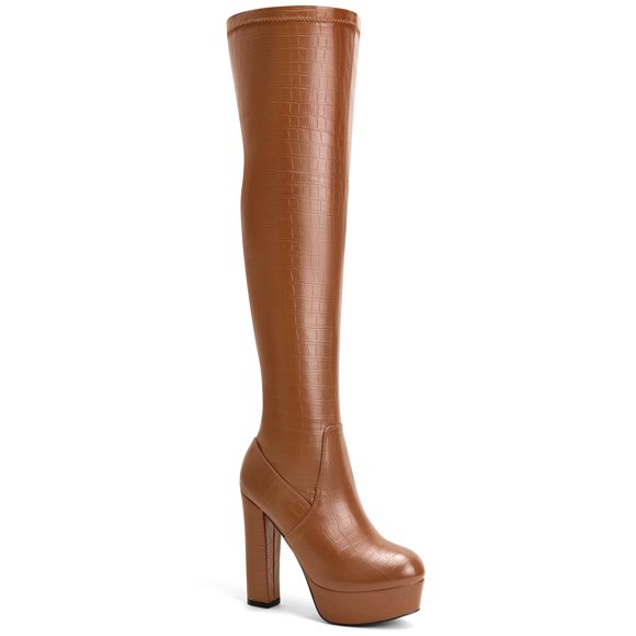 BLISSFUL STEP Stone Pattern Platform Block Heels Over the Knee High Boots for Women Brown 7