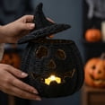 thumbnail image 4 of XHKUYI Halloween Hand-Woven Pumpkin Decorations 11 inch, Happy Haunting SeagrassPumpkin Candle Holder with Witch Hat Shape Lid, for Halloween Home Office Haunt House Party Table Decoration, 4 of 5
