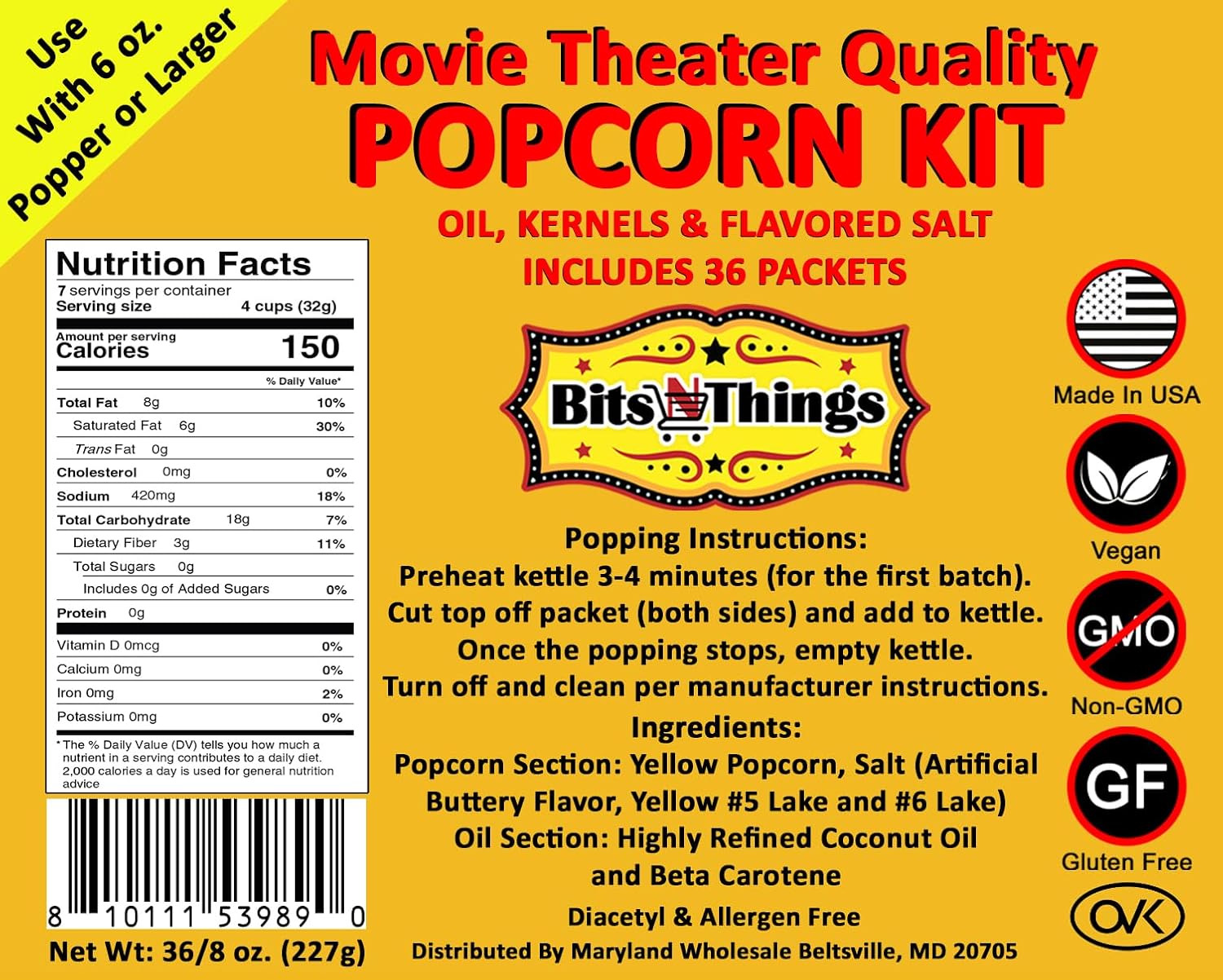 Home Theater All in One Popcorn Kit For 6 oz. Popper | Portion Packets with Kernels, Oil and Flavored Salt | By Bits N Things | Pack of 36