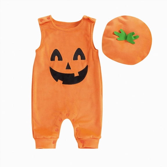Kakishop Newborn Baby Girl Boy Halloween Outfit Sleeveless Pumpkin Romper Jumpsuit Hat Halloween Baby Clothes 0 3 6 9 12 18 Months (Orange,9-12 Months)