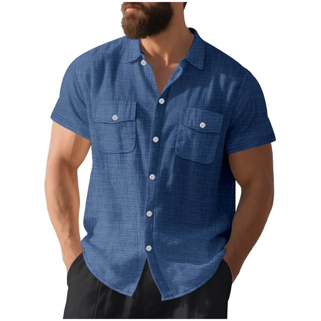 Camisetas de Manga Corta con Botón de la Solapa de los Hombres de Ajuste Suelto Cardigan de Bolsillo Moda Superior Verano Casual
