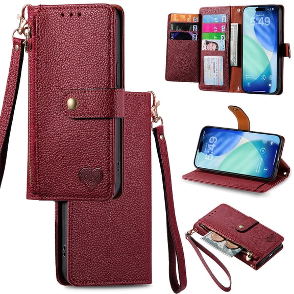 Wallet Case for iPhone 16 Women Men, Durable PU Leather Magnetic Flip Lanyard Strap Wristlet Zipper Card Holder Kickstand Wallet Phone Case Cover Full Body Protection, Red
