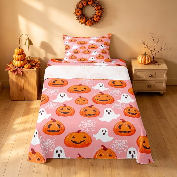 Homewish Halloween Pumpkin Twin Sheets for Girls, Ghost Web Bedding, Pink Orange White, 3-Piece (1 Flat Sheet, 1 Fitted Sheet and 1 Pillowcase)