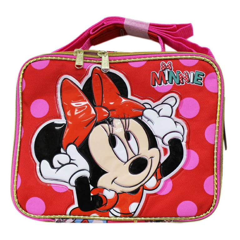 Minnie Mouse child's bag lunch box set on red background Stock