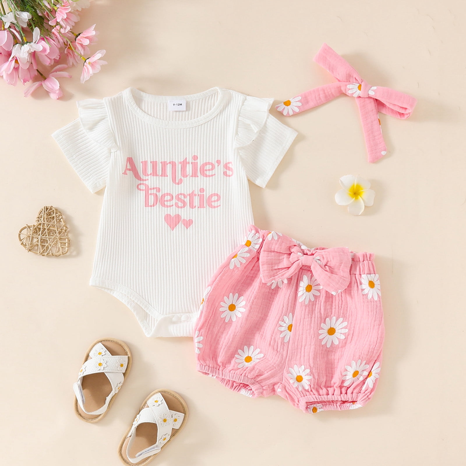 Staki Baby Girl Short Top and Pants Set Newborn Baby Girl Clothes Summer Knit Ribbed Print Short Sleeve Romper Shorts Headband Outfit Set 0-18M(Pink,12-18 Months)
