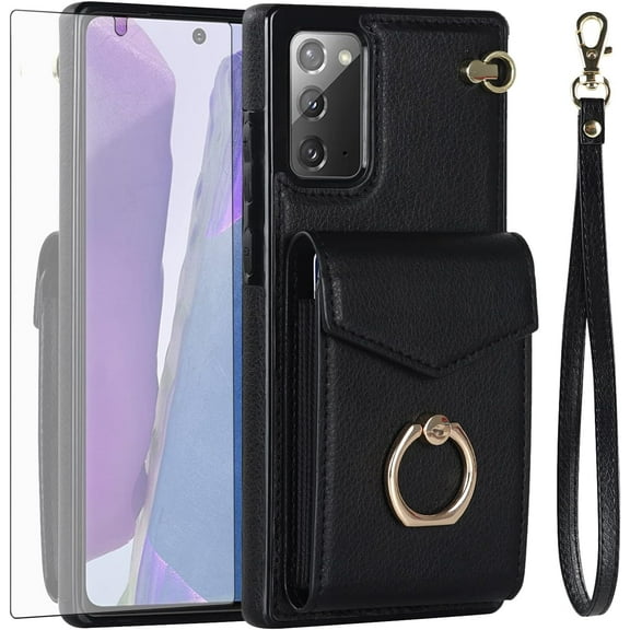 REQO Phone Case for Samsung Galaxy Note 20 5G Wallet Cover with Tempered Glass Screen Protector and RFID Blocking Ring Card Holder Cell Accessories Note20 Notes 20s Twenty Not S20 Women Black