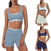 BODOAO Women's Workout Sets 2 Piece Striped Sports Bra and High Waist Biker Shorts Seamless Ribbed Yoga Gym Athletic Outfit Tummy Control Active Set for Running Multiple Colors Sky Blue 2XL
