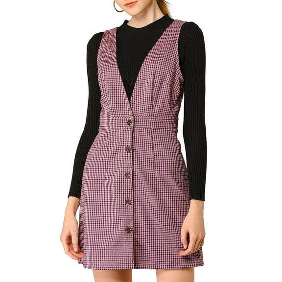 Allegra K Women's Overall Suspender Check Houndstooth Pinafore Dress