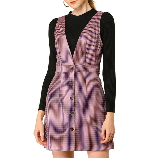 INSPIRE CHIC Robe Chasuble Sans Manches à Bretelles à Motif Pied-de-Poule pour Femme G Rose