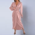 thumbnail image 4 of Maxi Dress for Women with Deep V-Neck and Long Puff Sleeves, Satin Ruched Waist and Side Slit for Formal Events and Parties, 4 of 7