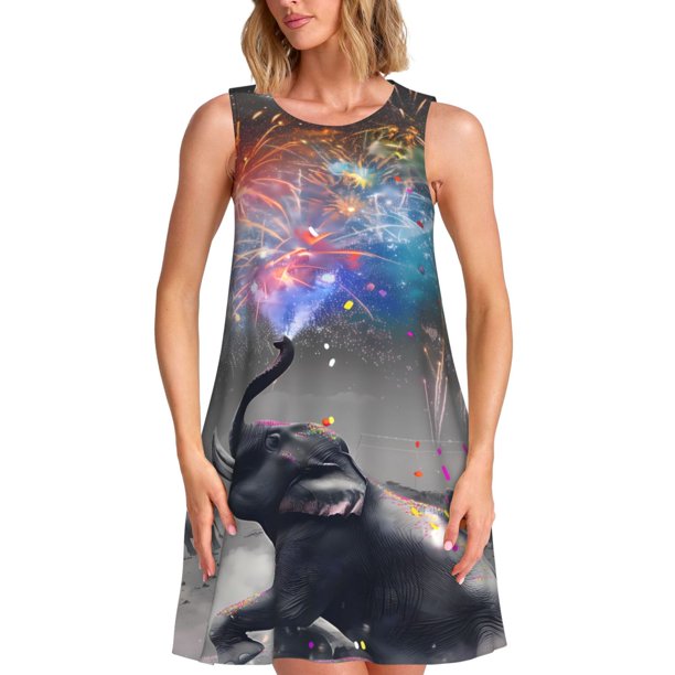 Easygdp Elephant Fireworks Celebration para Vestido Transpirable de Mujer, Vestido Suelto de Manga Corta con Pliegues y Bolsillos para el Verano
