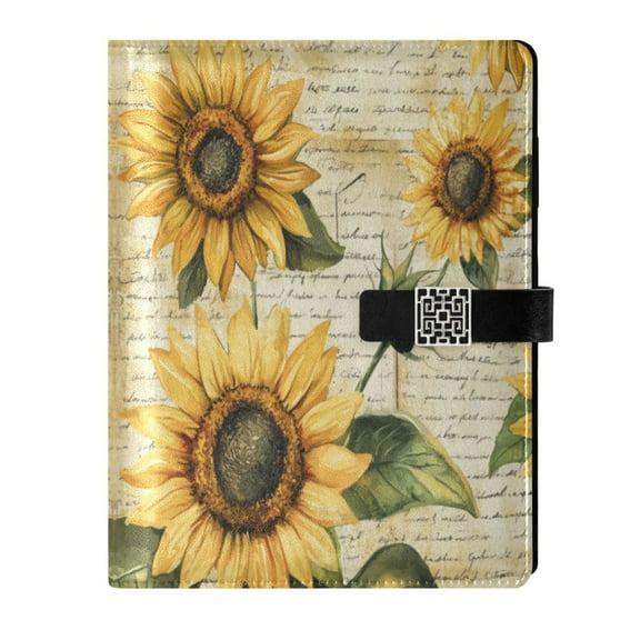 9.2x6.7 inch Leather Notebook 100 Sheets, Multi-Pocket Design & Pen Loop Vintage Sunflowers Refillable Journal Organizer