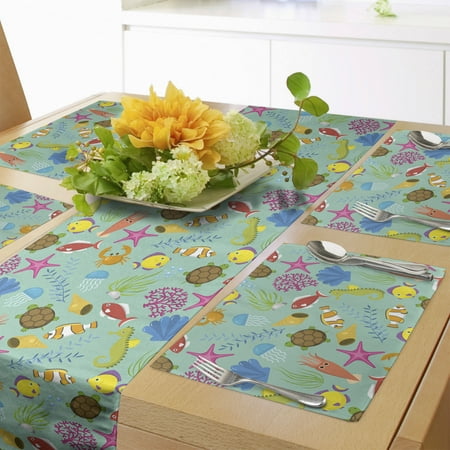 

Turtle Table Runner & Placemats Colorful Layout of Sea Elements Creatures Water Plants Underwater Scene Set for Dining Table Placemat 4 pcs + Runner 12 x72 Seafoam and Multicolor by Ambesonne