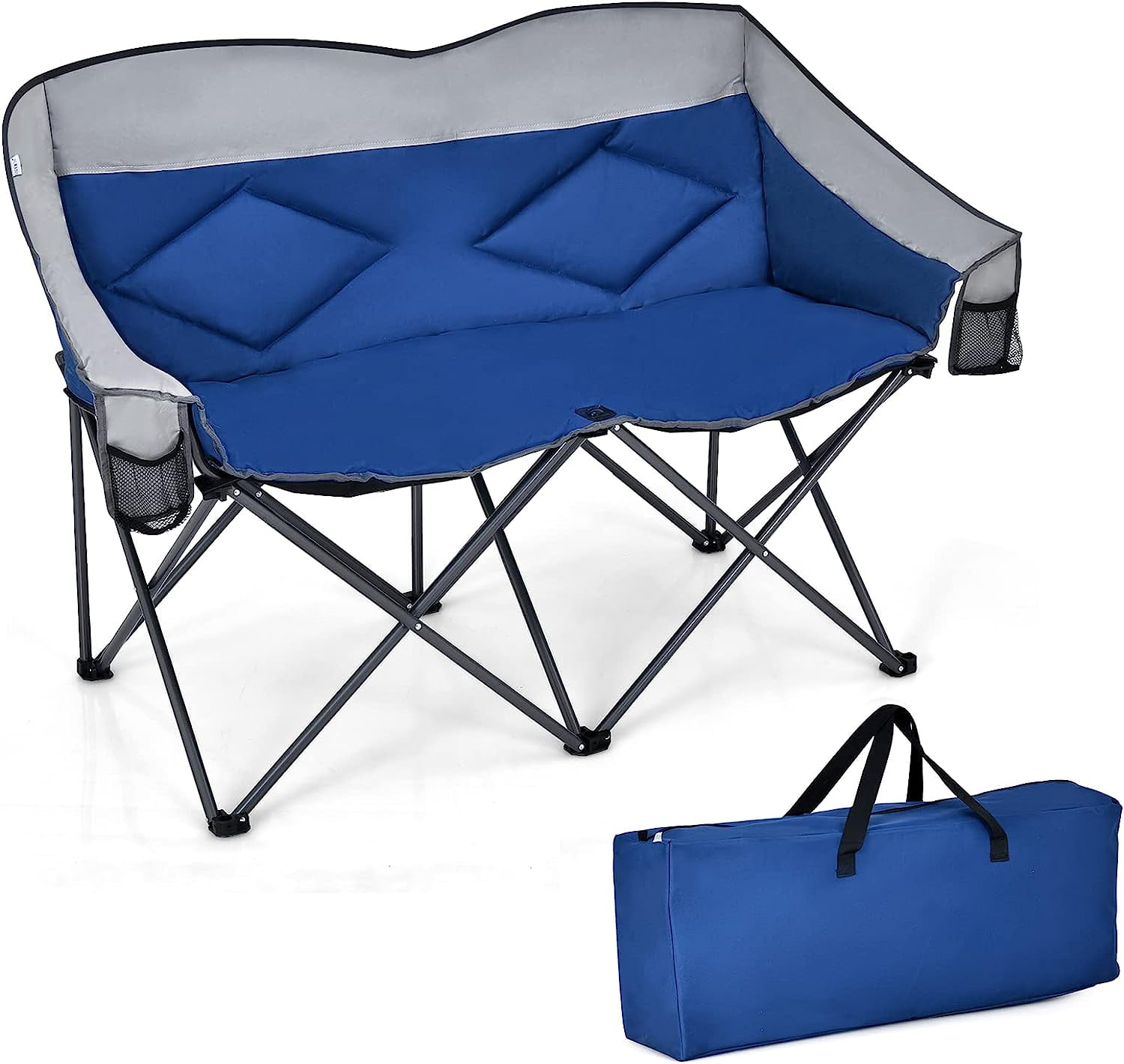 Loveseat Camping Chair, Folding Camp Chair with Padded Seat, 2 Storage