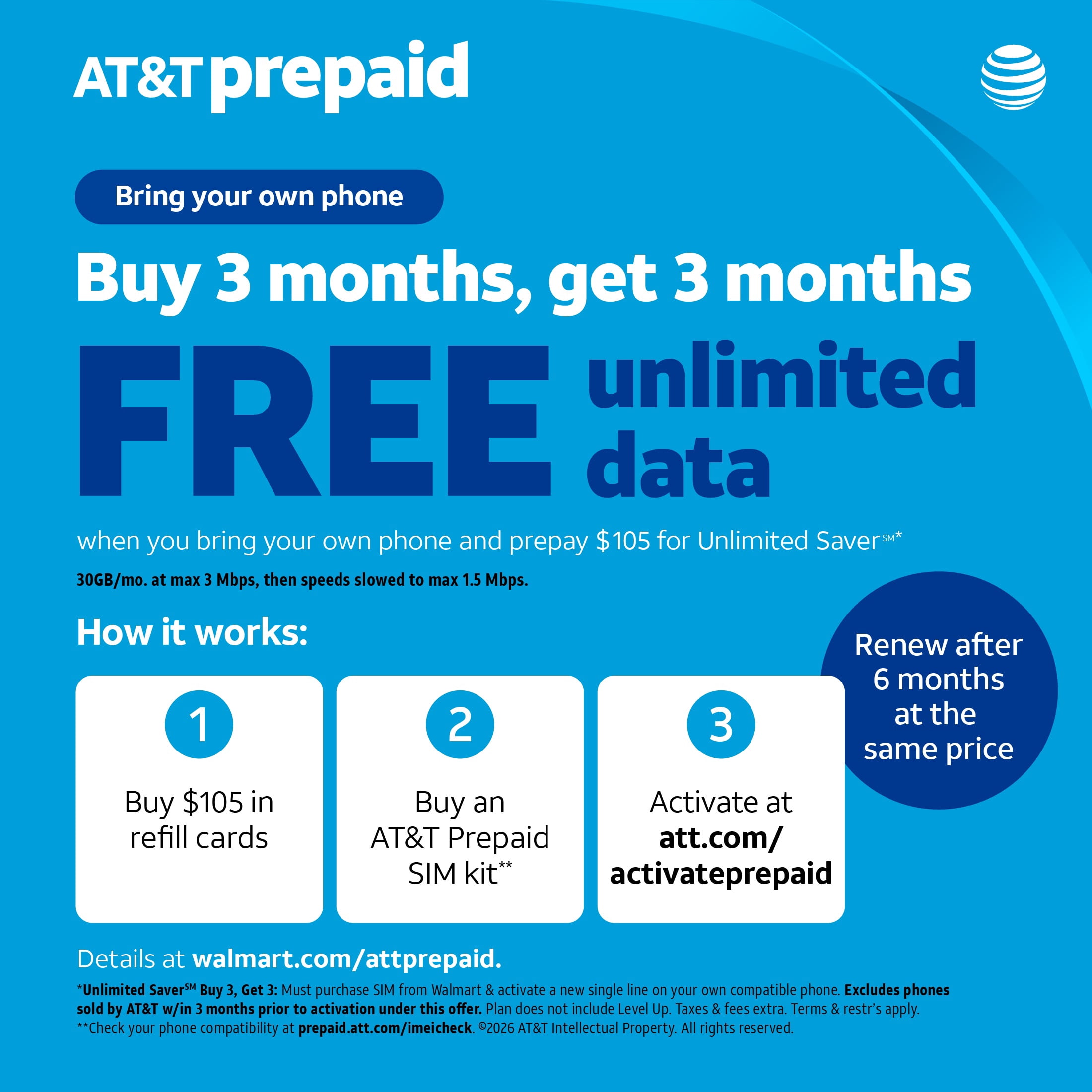 AT&T Prepaid $105 Direct Top Up - Buy 3, Get 3 Plan