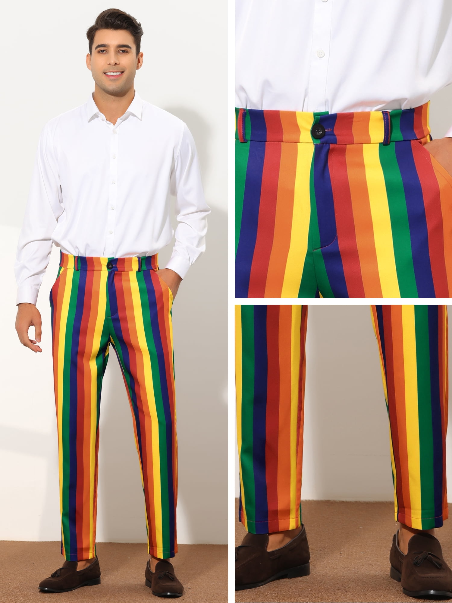 Unique Bargains Men's Striped Dress Pants Color Block Rainbow Stripe Trousers 28 Blue Red