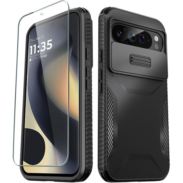 KOMI for Google Pixel 9/9 Pro Case with 1 Screen Protector, Built-in Slide Camera Cover, Military Grade Drop Protection, Heavy Duty Rugged Shockproof Protective Phone Cover, Black