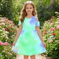 thumbnail image 5 of snilers Girls Summer Dress Short Sleeve Cold Shoulder Ties Dyes Dresses Crew Neck A Line Swing Casual Sundress with Pockets Size 3-14 Years, 5 of 8