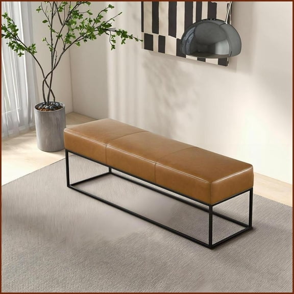 Odessa Tan Leather Bench with Solid Teak Frame & Removable Metal Legs | Tan | Teak