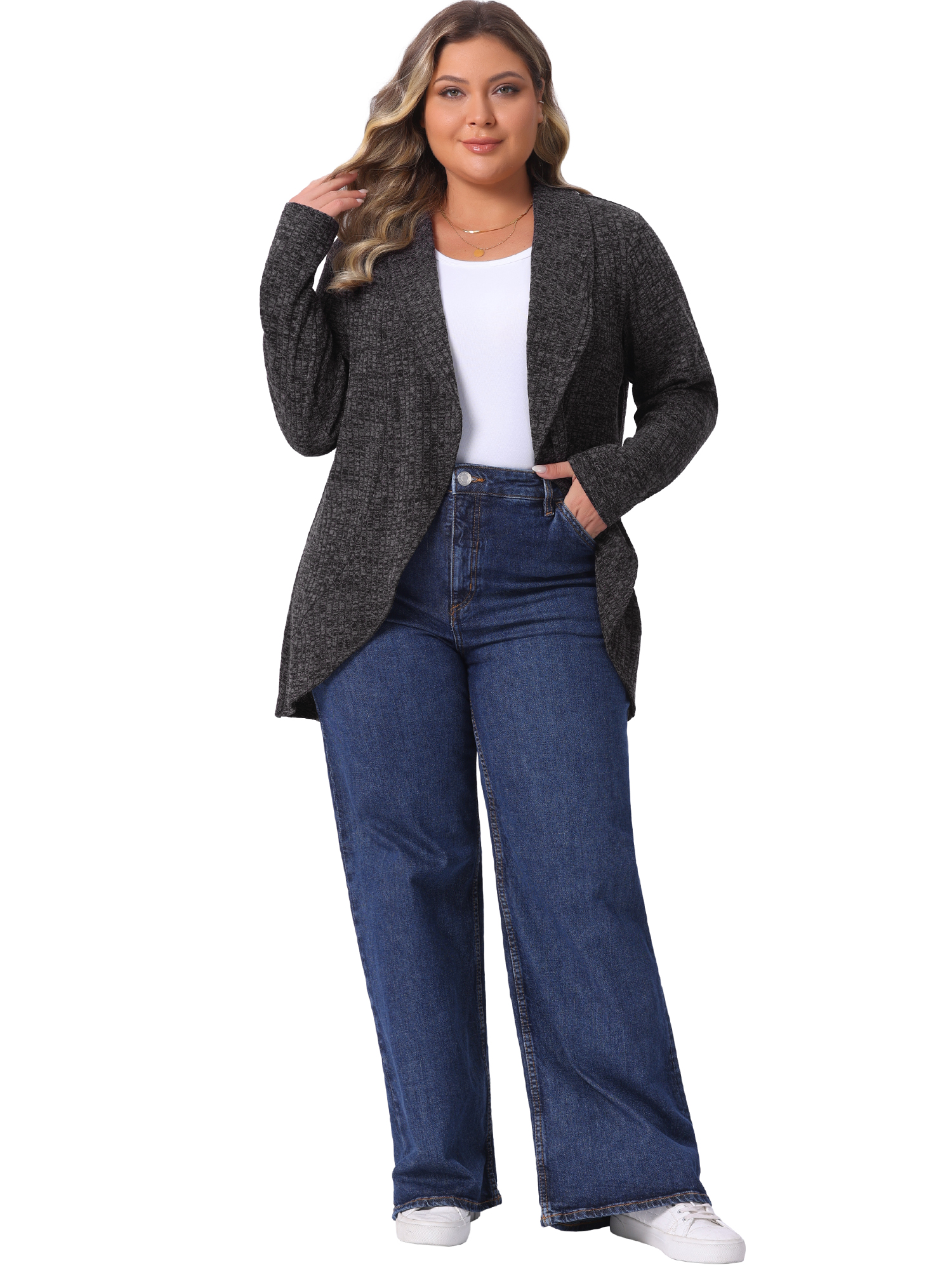 DARING DIVA Women's Plus Size Lapel Open Front Irregular Hem Knit Cardigan 2X Dark Gray