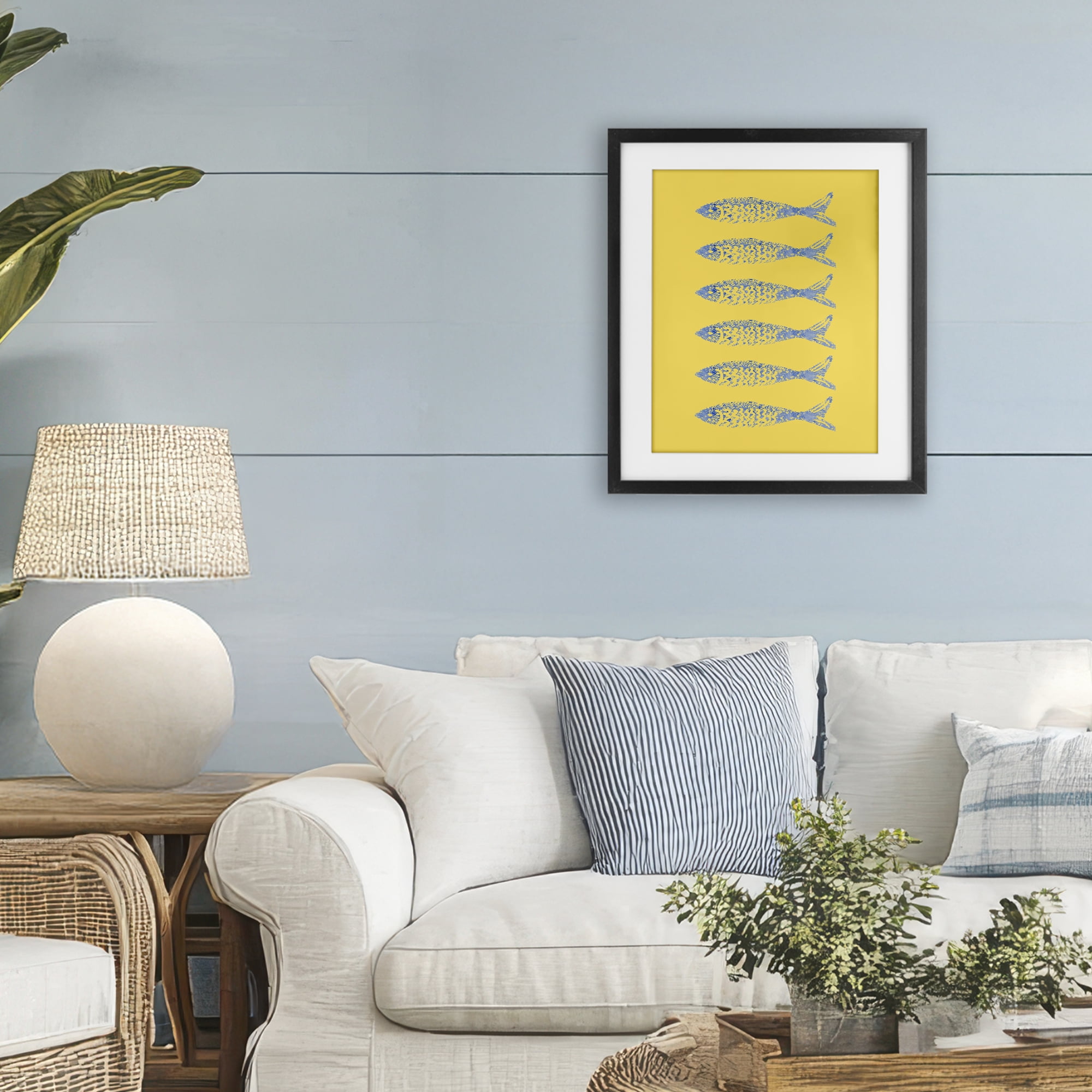 Stupell Industries Sardine Stamps on Yellow Black Framed Print Under Glass, design by Julie DeRice