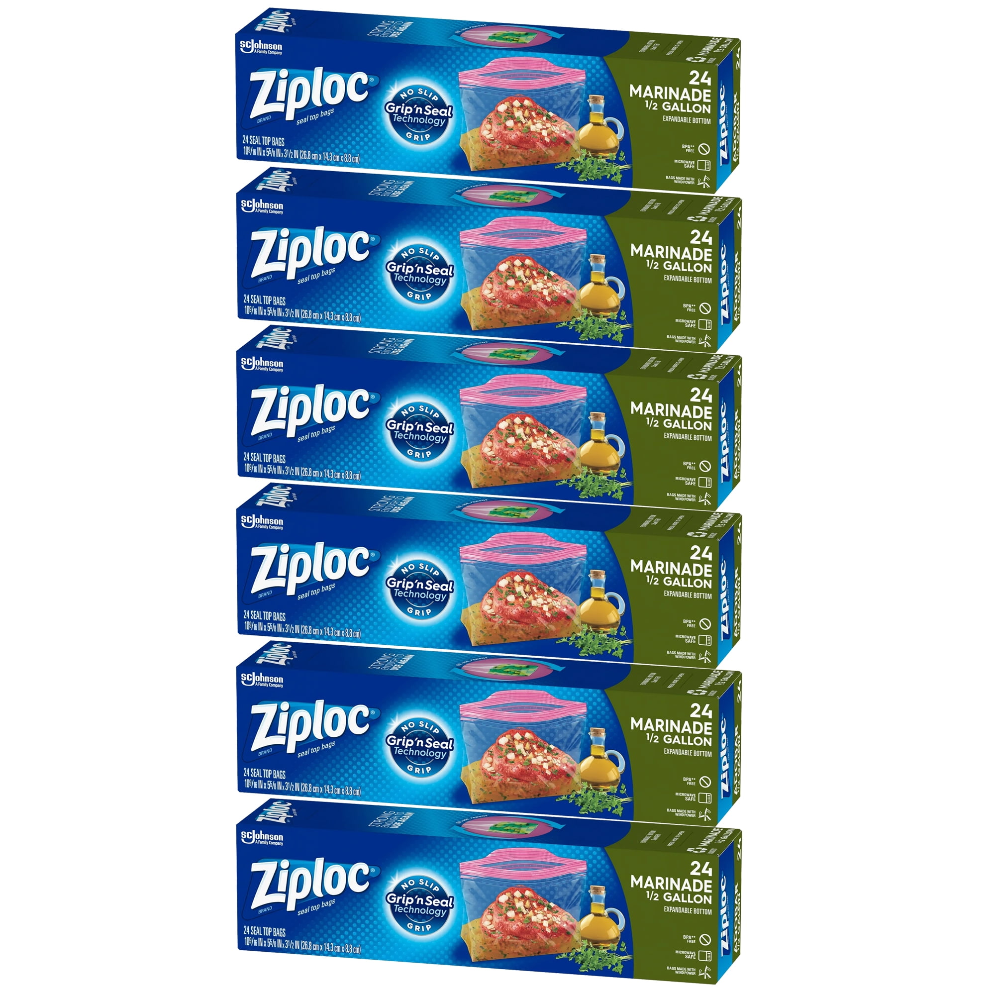 Ziploc Marinade Bags, Half Gallon Size, 24 Count (Pack Of 3) - Stand-Up Bags For Meat, Poultry, And Vegetables