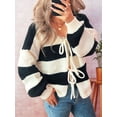 thumbnail image 4 of Women'S Loose Casual V-Neck Long-Sleeved Sweater Jacket Striped Contrast Lace-Up Knitted Cardigan Black S, 4 of 7