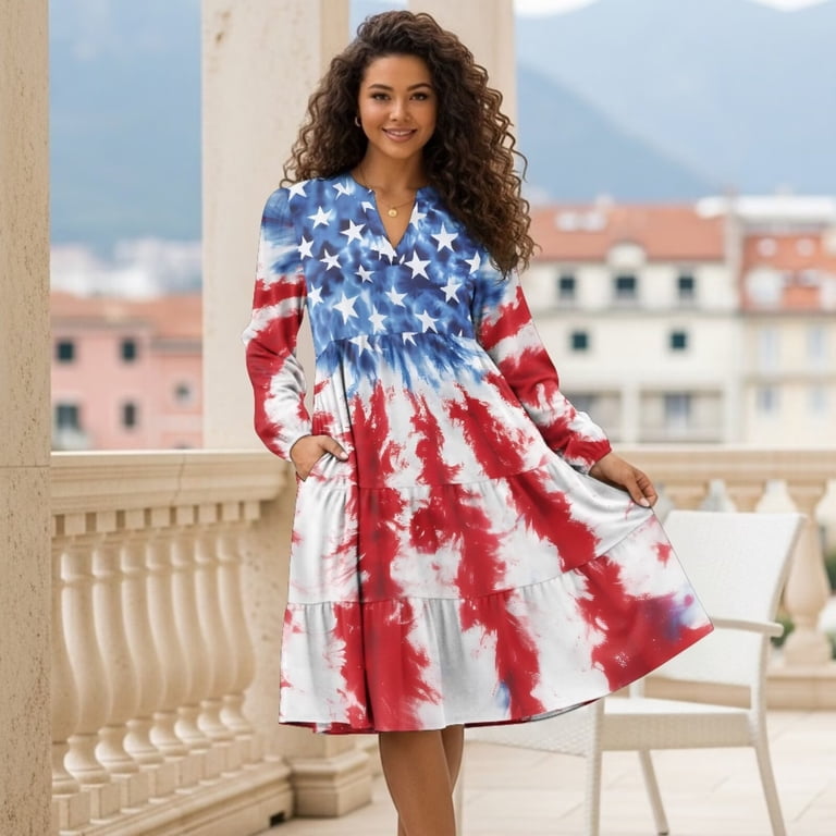 Uorisanigo Retro American Flag Women's Dress with Pockets Waist Patchwork  Dresses Long Sleeve Comfy Party Work Dresses for Women Midi Casual Dress,  ...