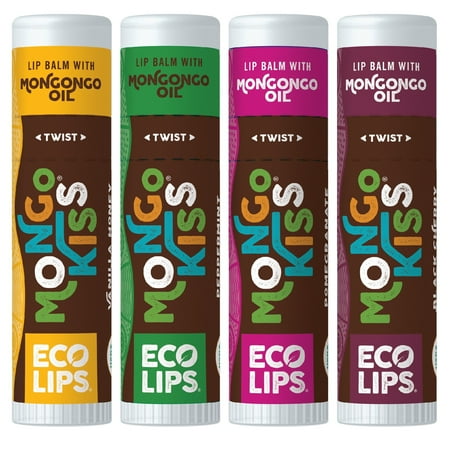 Eco Lips Mongo Kiss® Organic Lip Balm, Variety, Pack of 4, Peppermint, Black Cherry, Pomegranate, Vanilla Honey