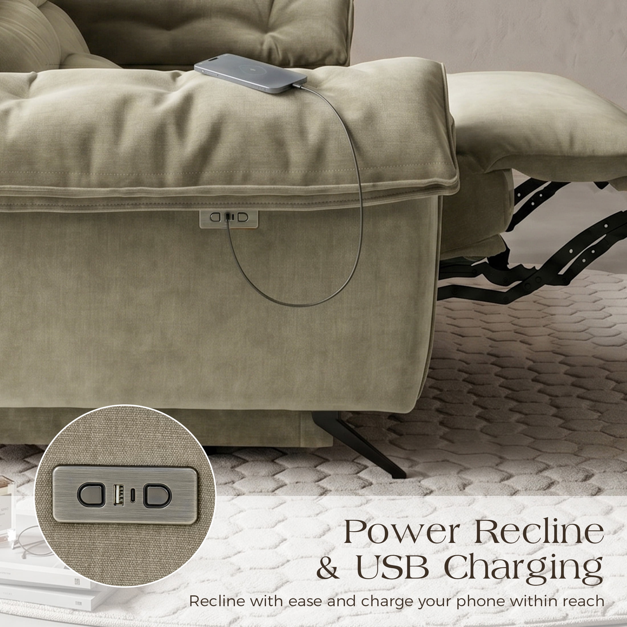 Aenkyo 108" Oversized 3-Seater Power Reclining Sofa with USB Ports and Footrest, Taupe