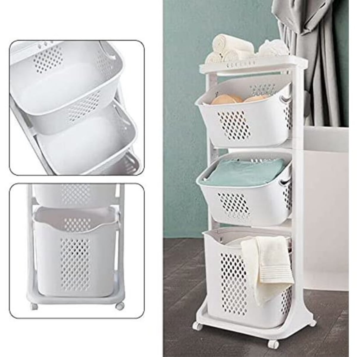 3Tier Laundry Basket Rolling Laundry Hamper Cart, Clothes Storage