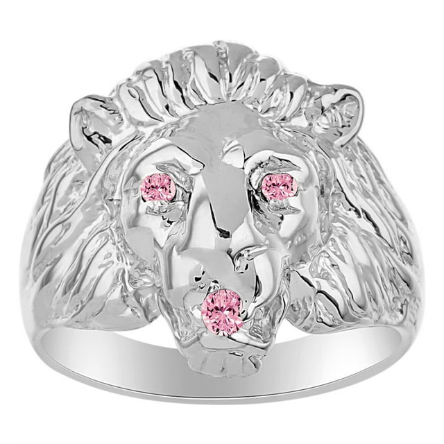 RYLOS Sterling Silver Lion Head Ring Color Stone Birthstones Eyes and Mouth Fun Designer Rings Pink Ice Jewelry Size 7