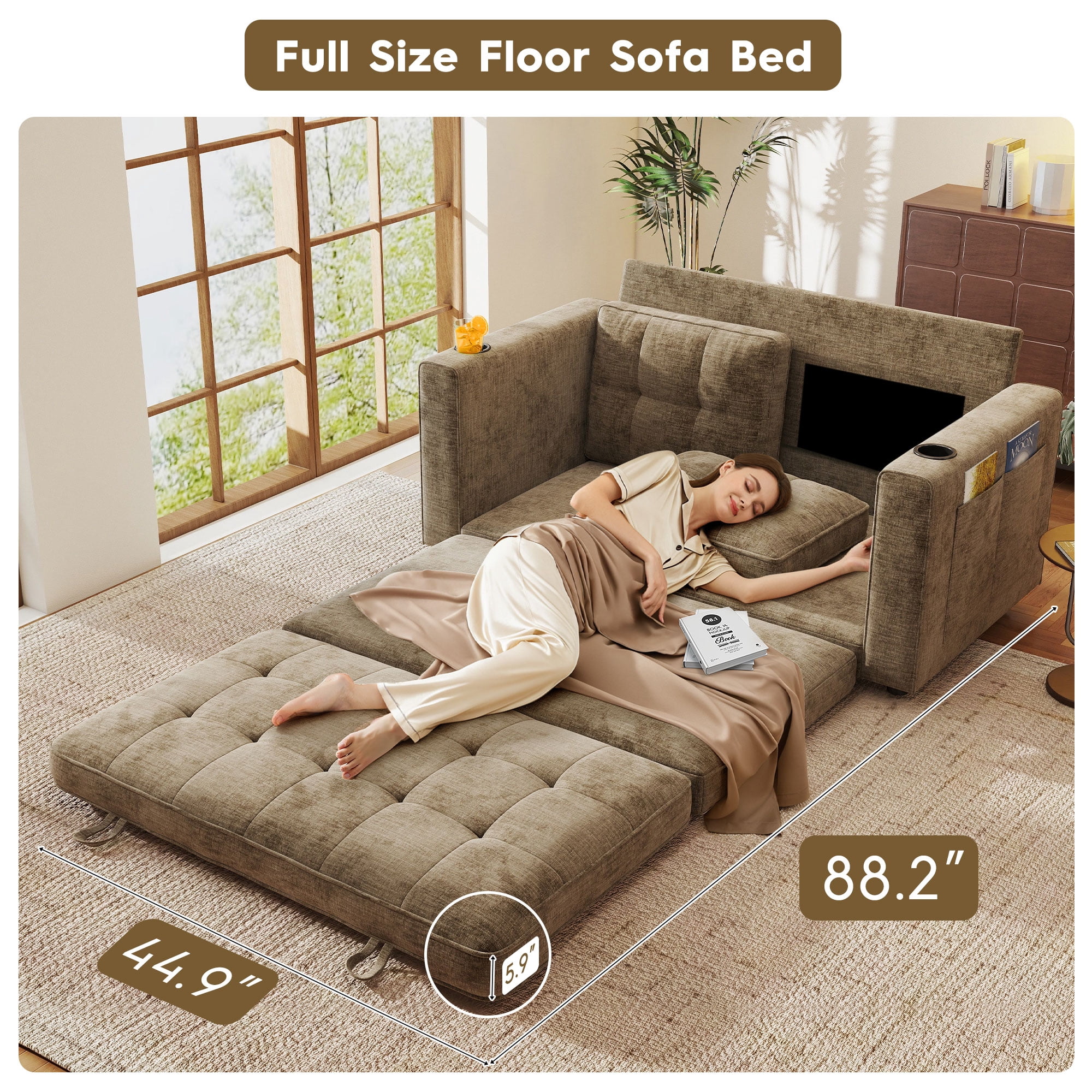 BedLuxury 55" Foldable Loveseat Futon Sofa Bed with Cup Holder & Storage Pocket, Sleeper Couch, Space Saving, Chenille Brown