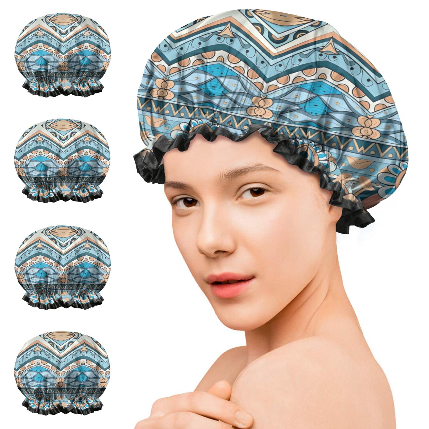 Shower Caps,Blue and Orange Floral Boho Pattern Waterproof Shower Cap for Women 4 Pieces,Double Reusable Hair Cover for Shower PEVA Elastic Stretch Hem