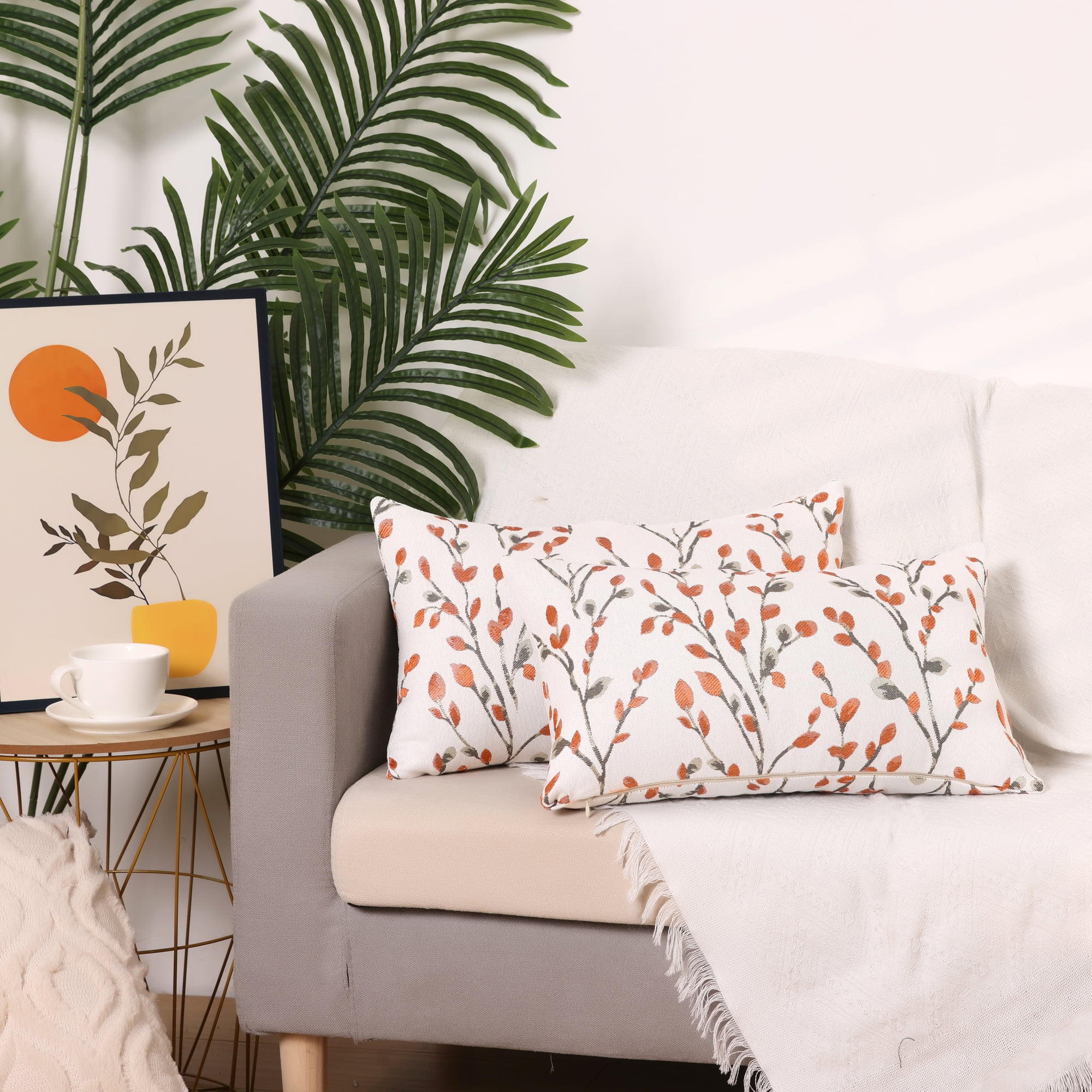 Unique Bargains Set of 4 Floral Pattern Throw Pillow Cover Home Decor Pillowcases for Sofa Orange Flower/Green Flower 12" x 20"