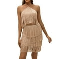 thumbnail image 2 of clear Usmixi 2 Piece Outfits for Women Party Club 2 Piece Outfits for Women Sexy Sleeveless Halter Cropped Top and High Waist Skirt Sets Sparky Tassel Lounge Matching Sets, 2 of 7