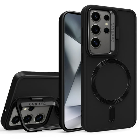 Allytechgroup Galaxy S24 Plus Case with Lens Stand, Magnetic Back Cover Support Car Mount Shockproof Anti-Scratch Bumper Phone Case for Samsung Galaxy S24 Plus, Black