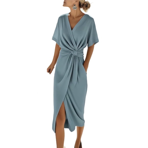 Tauxra Robe Midi Portefeuille à Col en V pour Femmes, Robe à Manches Courtes avec Taille Nouée et Fente, Couleur Unie, Fluide, Décontractée, Robes pour Femmes