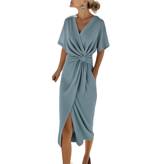 DISKEBUISS Women's Dressy Dresses V Neck Short Slevee Slit Long Cinch Waist Dress Summer Casual Vacation & Office Wear