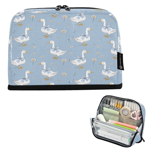 Standing Pencil Case with Base Large Capacity Stationery Pouch Pen Bag with Zipper for Women Men Cute Geese and Daisies