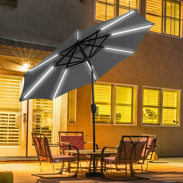 Gymax 9 Ft Patio Waterproof Solar Umbrella Led Light Tilt Gray Walmart Com Walmart Com