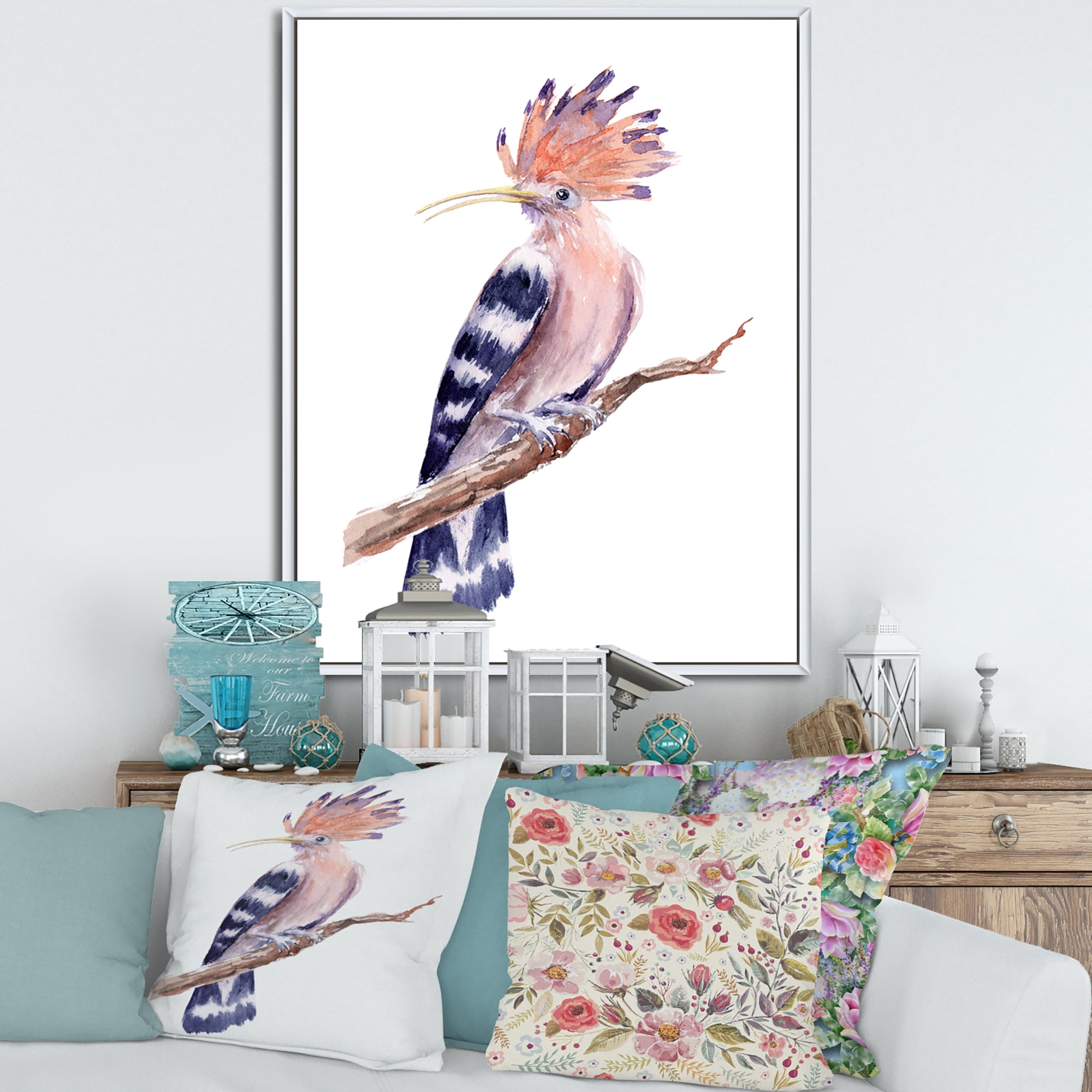 Designart 'Ancient Hoopoe Bird On A Branch' Traditional Framed Canvas Wall Art Print