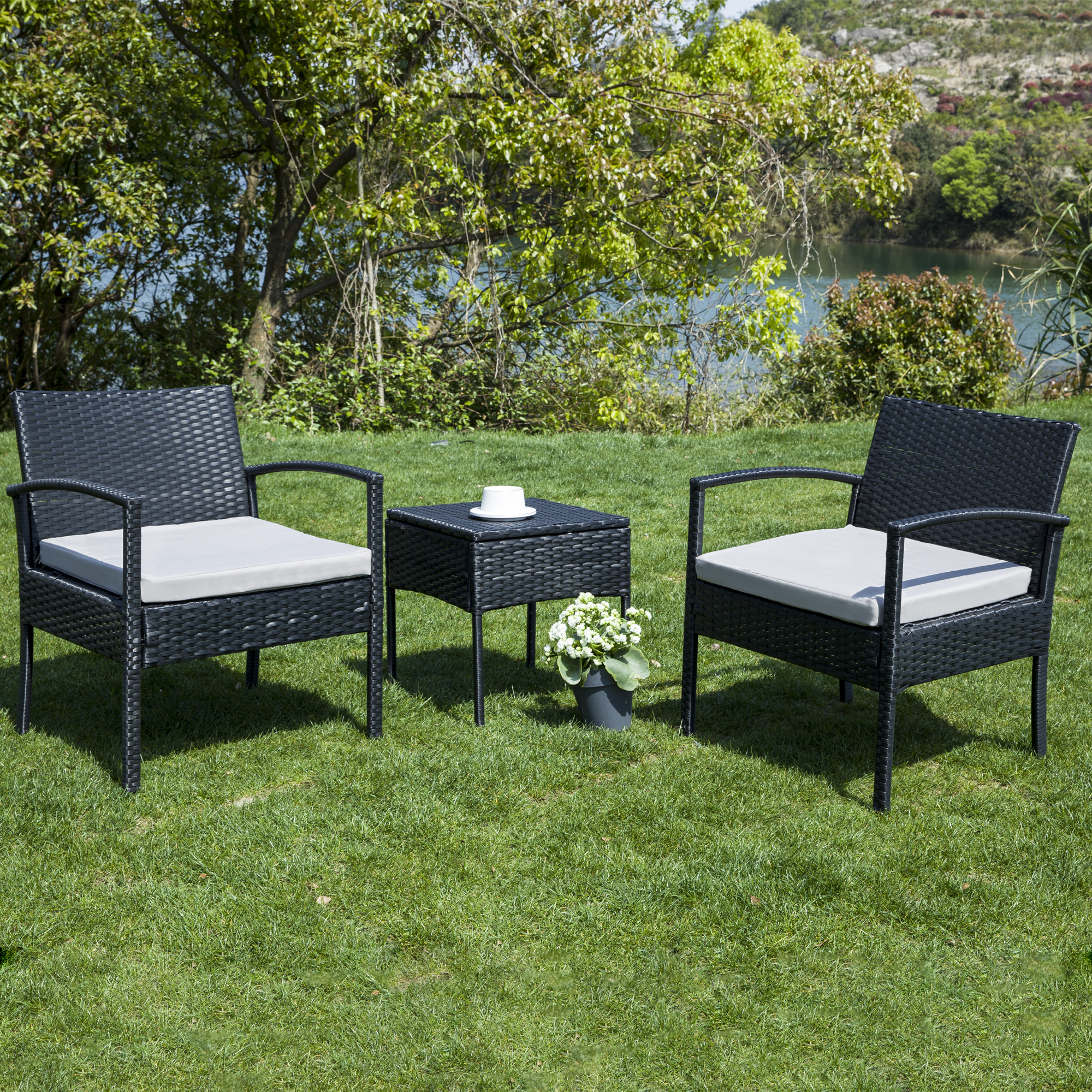 FHFO Patio Furniture Set Outdoor Furniture Outdoor Patio Furniture Set 3 Pieces Patio Conversation Set Table and Chairs with Cushions for Garden Balcony Backyard Porch Lawn Black Rattan Grey Cushion - image 3 of 5