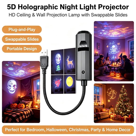 5D Holographic Night Light Projector for Ceiling - Halloween Window Plug-and-play HD Projection Lamp with Swappable Slides, Halloween Christmas Pattern Projector for Wall Bedroom, Portable