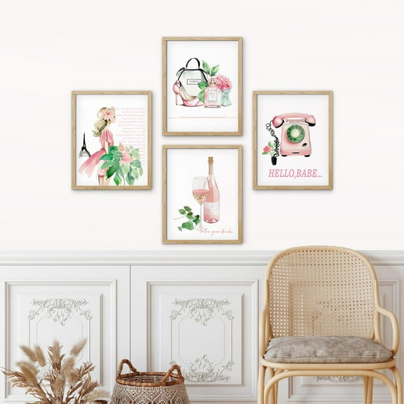 PixonSign Framed Wall Art France Paris Eiffel Tower Telephone High Heel Posters, Set of 4 Girl's Bedroom Preppy Room Decor Pink Digital Art, Minimalism Canvas Prints for Home Decor - 8"x10" Natural