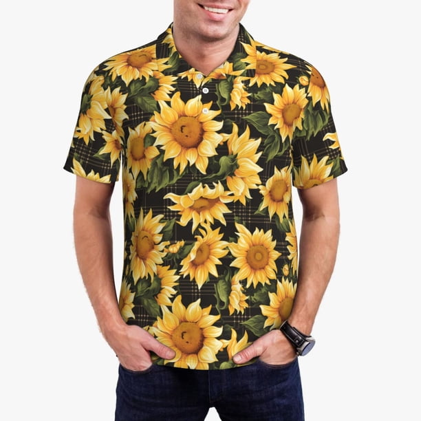 Balery Vintage Black Plaid Sunflower Camisa Polo de Hombre con Estampado, de Manga Corta y Tejido Medio, Camisa Tipo Golf Polo-X-Large