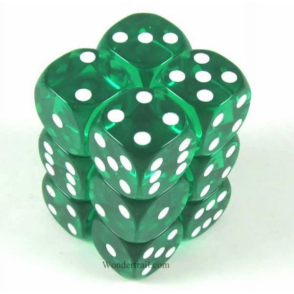Green Transparent Dice with White Pips D6 16mm (5/8in) Pack of 12 Koplow Games