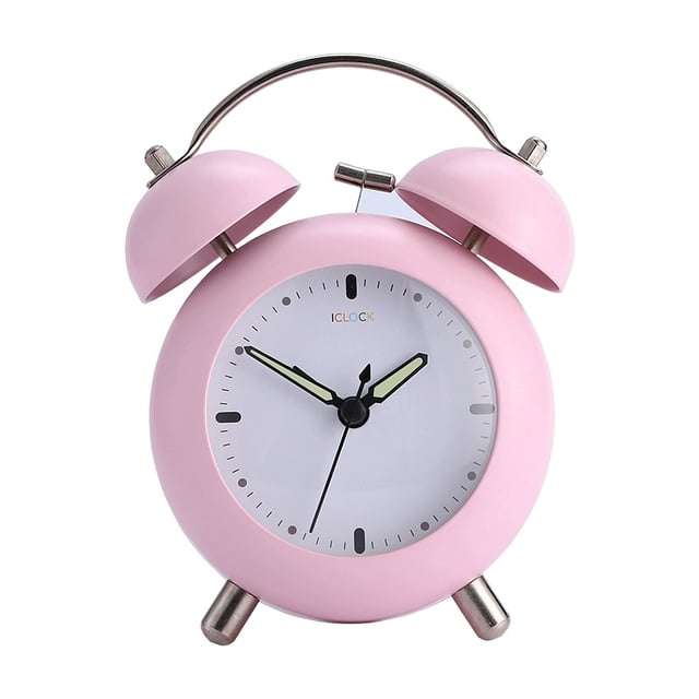 Despertador con doble campana, 10 cm, metal rosa, silencioso, no hace tictac