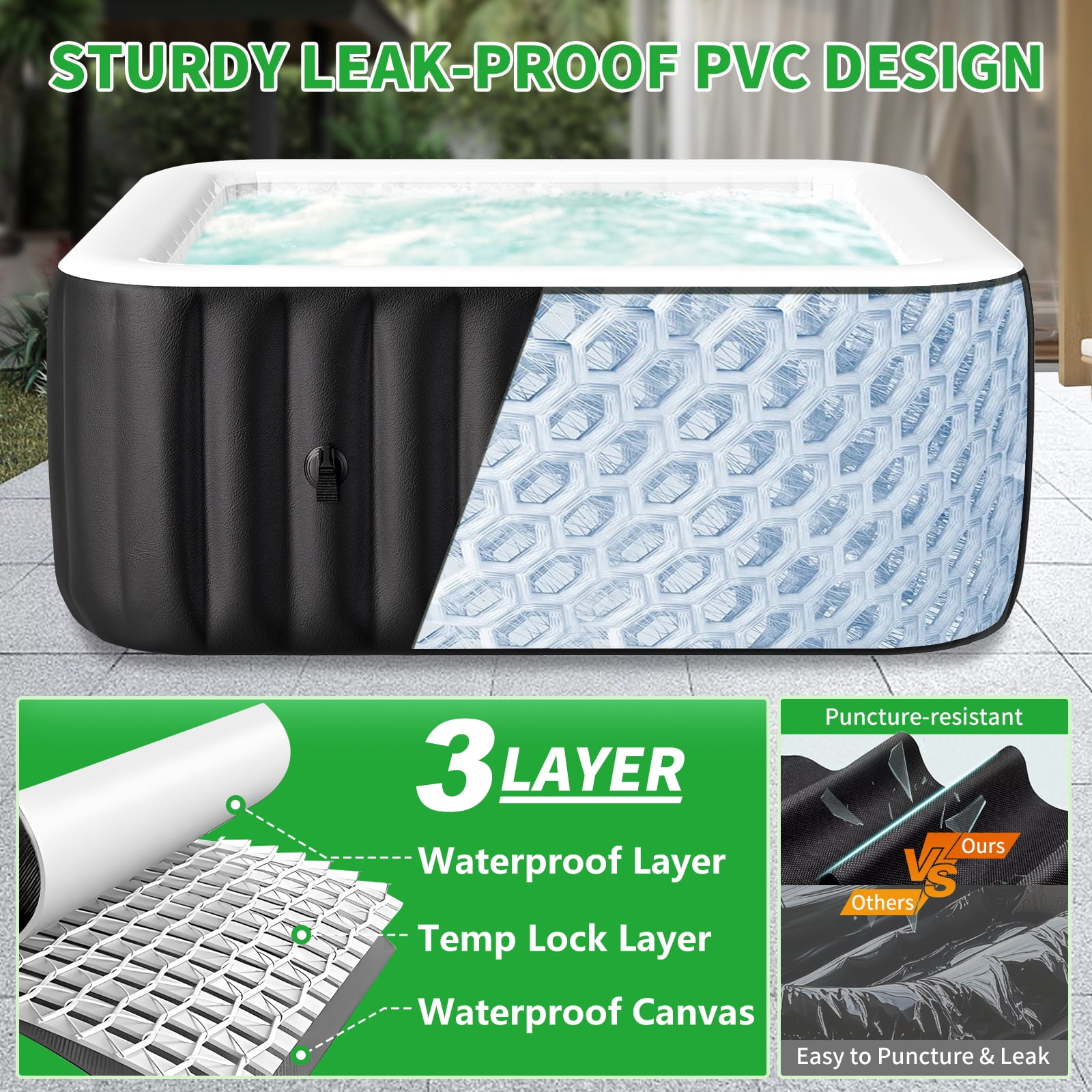 MOPHOTO 4-6 Person Inflatable Hot Tub, 73” X 73”X 25” Large Square Blow Up Portable Hot Tub, Leak-Proof PVC Outdoor Spa with 130 Air Jets, Insulated Cover and Heater Pump