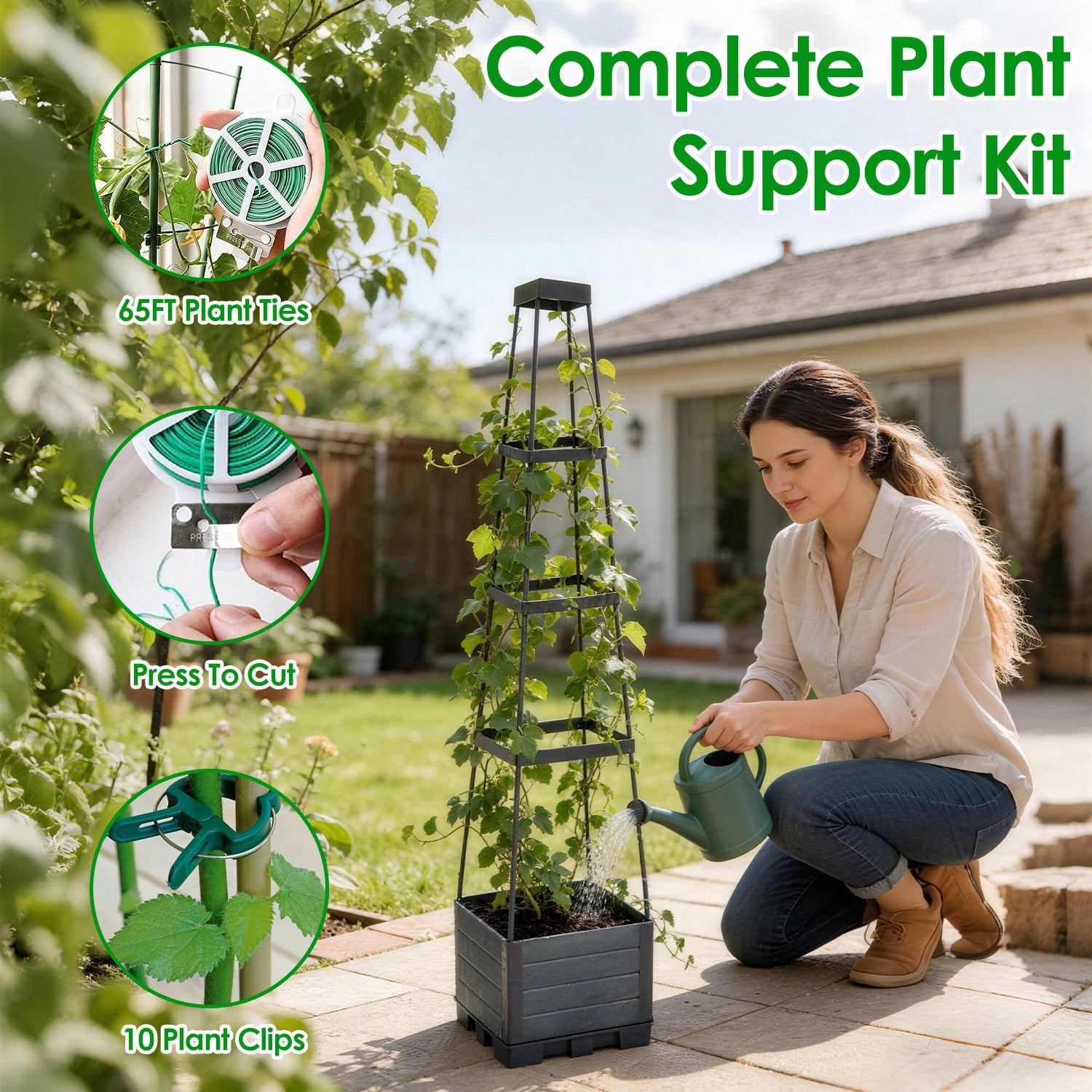 Raised Garden Bed with Trellis, Self-Watering Planter Box 4-Level Adjustable Height PP Planter with Plant Clips & Ties for Climbing Plants Balcony Patio